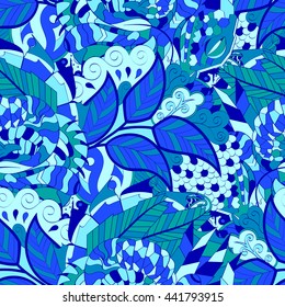 Tracery seamless calming pattern. Mehendi design. Ethnic colorful blue doodle texture. Indifferent discreet. Curved doodling mehndi motif. Vector.