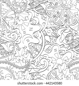 Tracery seamless calming pattern. Mehendi design. Ethnic monochrome binary doodle texture. Black and white. Indifferent discreet. Curved doodling mehndi motif. Vector.