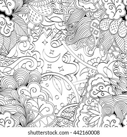 Tracery seamless calming pattern. Mehendi design. Ethnic monochrome binary doodle texture. Black and white. Indifferent discreet. Curved doodling mehndi motif. Vector.