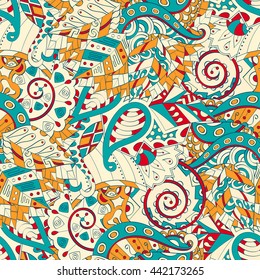 Tracery seamless calming pattern. Mehendi design. Ethnic colorful doodle texture. Indifferent discreet. Curved doodling mehndi motif. Vector.