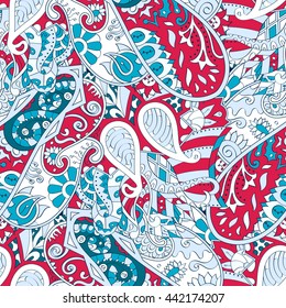 Tracery seamless calming pattern. Mehendi design. Ethnic colorful blue and red doodle texture. Indifferent discreet. Curved doodling mehndi motif. Vector.