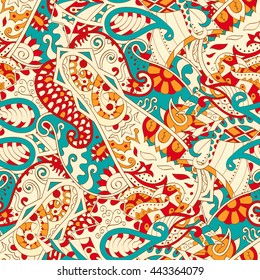 Tracery seamless calming pattern. Mehendi design. Ethnic colorful doodle texture. Indifferent discreet. Curved doodling mehndi motif. Vector.