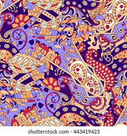 Tracery seamless calming pattern. Mehendi design. Ethnic colorful doodle texture. Indifferent discreet. Curved doodling mehndi motif. Vector.