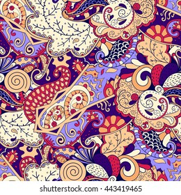 Tracery seamless calming pattern. Mehendi design. Ethnic colorful doodle texture. Indifferent discreet. Curved doodling mehndi motif. Vector.