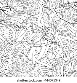 Tracery seamless calming pattern. Mehendi design. Ethnic monochrome binary doodle texture. Black and white. Indifferent discreet. Curved doodling mehndi motif. Vector.