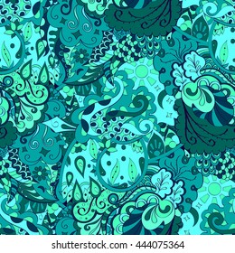 Tracery seamless calming pattern. Mehendi design. Ethnic colorful doodle texture. Curved doodling mehndi motif. Vector.