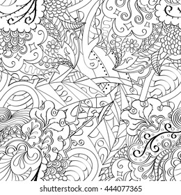 Tracery seamless calming pattern. Mehendi design. Ethnic monochrome binary doodle texture. Black and white. Curved doodling mehndi motif. Vector.