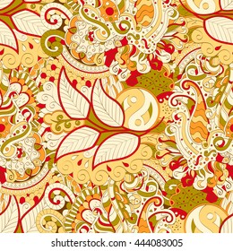 Tracery seamless calming pattern. Mehendi design. Ethnic colorful doodle texture.  Curved doodling mehndi motif. Vector.
