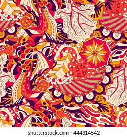 Tracery seamless calming pattern. Mehendi design. Ethnic colorful doodle texture. Indifferent discreet. Curved doodling mehndi motif. Vector.