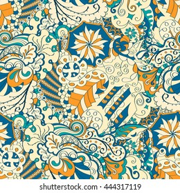 Tracery seamless calming pattern. Mehendi design. Ethnic colorful doodle texture. Indifferent discreet. Curved doodling mehndi motif. Vector.