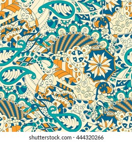 Tracery seamless calming pattern. Mehendi design. Ethnic colorful doodle texture. Indifferent discreet. Curved doodling mehndi motif. Vector.
