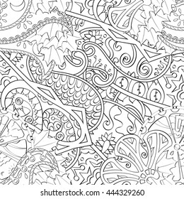 Tracery seamless calming pattern. Mehendi design. Ethnic monochrome binary doodle texture. Black and white. Indifferent discreet. Curved doodling mehndi motif. Vector.
