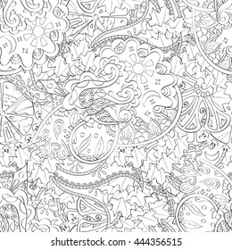 Tracery seamless calming pattern. Mehendi design. Ethnic monochrome binary doodle texture. Black and white. Indifferent discreet. Curved doodling mehndi motif. Vector.