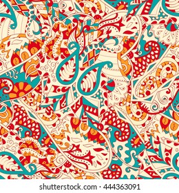 Tracery seamless calming pattern. Mehendi design. Ethnic colorful doodle texture. Indifferent discreet. Curved doodling mehndi motif. Vector.