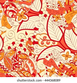 Tracery seamless calming pattern. Mehendi design. Ethnic colorful orange doodle texture. Indifferent discreet. Curved doodling mehndi motif. Vector.