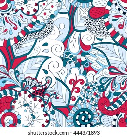 Tracery seamless calming pattern. Mehendi design. Ethnic colorful blue and red doodle texture. Indifferent discreet. Curved doodling mehndi motif. Vector.