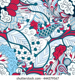 Tracery seamless calming pattern. Mehendi design. Ethnic colorful blue and red doodle texture. Indifferent discreet. Curved doodling mehndi motif. Vector.