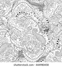 Tracery seamless calming pattern. Mehendi design. Ethnic monochrome binary doodle texture. Black and white. Indifferent discreet. Curved doodling mehndi motif. Vector.