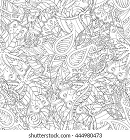 Tracery seamless calming pattern. Mehendi design. Ethnic monochrome binary doodle texture. Black and white. Indifferent discreet. Curved doodling mehndi motif. Vector.