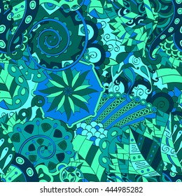 Tracery seamless calming pattern. Mehendi design. Ethnic colorful sea blue doodle texture. Indifferent discreet. Curved doodling mehndi motif. Vector.