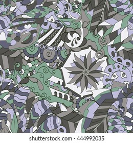 Tracery seamless calming pattern. Mehendi design. Ethnic color doodle texture. Indifferent discreet. Curved doodling mehndi motif. Vector.