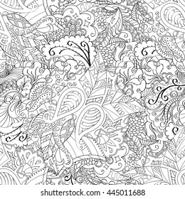 Tracery seamless calming pattern. Mehendi design. Ethnic monochrome binary doodle texture. Black and white. Indifferent discreet. Curved doodling mehndi motif. Vector.