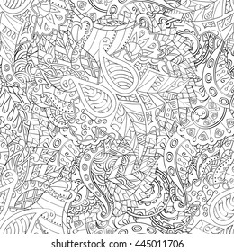 Tracery seamless calming pattern. Mehendi design. Ethnic monochrome binary doodle texture. Black and white. Indifferent discreet. Curved doodling mehndi motif. Vector.