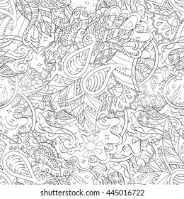 Tracery seamless calming pattern. Mehendi design. Ethnic monochrome binary doodle texture. Black and white. Indifferent discreet. Curved doodling mehndi motif. Vector.