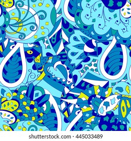 Tracery seamless calming pattern. Mehendi design. Ethnic colorful blue doodle texture. Indifferent discreet. Curved doodling mehndi motif. Vector.