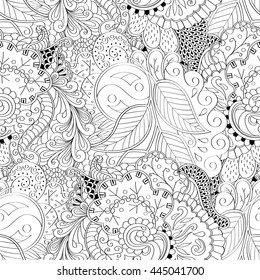 Tracery seamless calming pattern. Mehendi design. Ethnic monochrome binary doodle texture. Black and white. Indifferent discreet. Curved doodling mehndi motif. Vector.