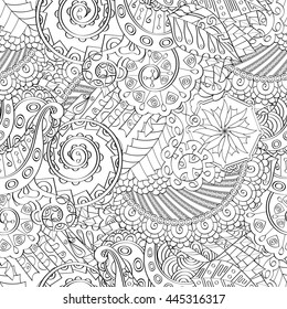 Tracery seamless calming pattern. Mehendi design. Ethnic monochrome binary doodle texture. Black and white. Indifferent discreet. Curved doodling mehndi motif. Vector.