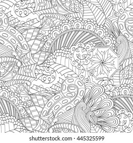 Tracery seamless calming pattern. Mehendi design. Ethnic monochrome binary doodle texture. Black and white. Indifferent discreet. Curved doodling mehndi motif. Vector.