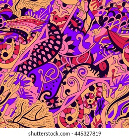 Tracery seamless calming pattern. Mehendi design. Ethnic colorful doodle texture. Indifferent discreet. Curved doodling mehndi motif. Vector.
