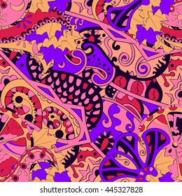 Tracery seamless calming pattern. Mehendi design. Ethnic colorful doodle texture. Indifferent discreet. Curved doodling mehndi motif. Vector.