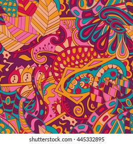 Tracery seamless calming pattern. Mehendi design. Ethnic colorful doodle texture. Indifferent discreet. Curved doodling mehndi motif. Vector.