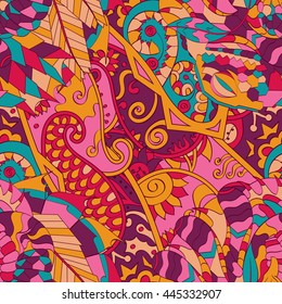 Tracery seamless calming pattern. Mehendi design. Ethnic colorful doodle texture. Indifferent discreet. Curved doodling mehndi motif. Vector.