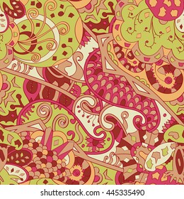 Tracery seamless calming pattern. Mehendi design. Ethnic colorful doodle texture. Indifferent discreet. Curved doodling mehndi motif. Vector.