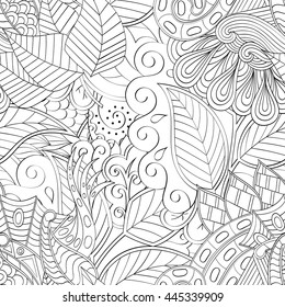 Tracery seamless calming pattern. Mehendi design. Ethnic monochrome binary doodle texture. Black and white. Indifferent discreet. Curved doodling mehndi motif. Vector.