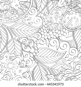 Tracery seamless calming pattern. Mehendi design. Ethnic monochrome binary doodle texture. Black and white. Indifferent discreet. Curved doodling mehndi motif. Vector.