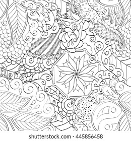 Tracery seamless calming pattern. Mehendi design. Ethnic monochrome binary doodle texture. Black and white. Indifferent discreet. Curved doodling mehndi motif. Vector.