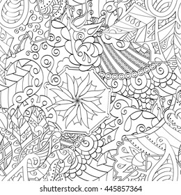 Tracery seamless calming pattern. Mehendi design. Ethnic monochrome binary doodle texture. Black and white. Indifferent discreet. Curved doodling mehndi motif. Vector.