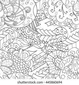 Tracery seamless calming pattern. Mehendi design. Ethnic monochrome binary doodle texture. Black and white. Indifferent discreet. Curved doodling mehndi motif. Vector.