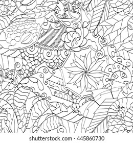 Tracery seamless calming pattern. Mehendi design. Ethnic monochrome binary doodle texture. Black and white. Indifferent discreet. Curved doodling mehndi motif. Vector.