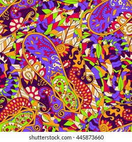 Tracery seamless calming pattern. Mehendi design. Ethnic colorful doodle texture. Indifferent discreet. Curved doodling mehndi motif. Vector.