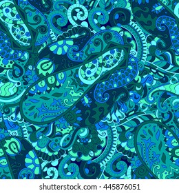 Tracery seamless calming pattern. Mehendi design. Ethnic colorful sea blue doodle texture. Indifferent discreet. Curved doodling mehndi motif. Vector.