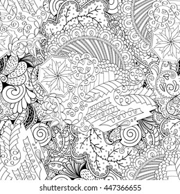 Tracery seamless calming pattern. Mehendi design. Ethnic monochrome binary doodle texture. Black and white. Indifferent discreet. Curved doodling mehndi motif. Vector.