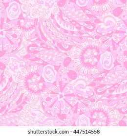 Tracery seamless calming pattern. Mehendi design. Ethnic colorful pink doodle texture. Indifferent discreet. Curved doodling mehndi motif. Vector.