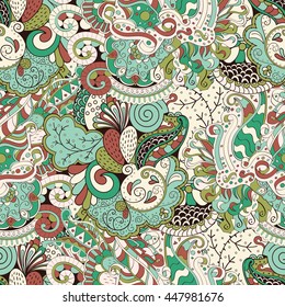 Tracery seamless calming pattern. Mehendi design. Ethnic colorful brown green doodle texture. Indifferent discreet. Curved doodling mehndi motif. Vector.