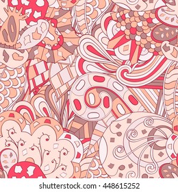 Tracery seamless calming pattern. Mehendi design. Ethnic colorful red doodle texture. Indifferent discreet. Curved doodling mehndi motif. Vector.
