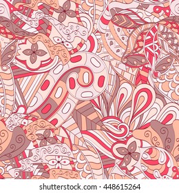 Tracery seamless calming pattern. Mehendi design. Ethnic colorful red doodle texture. Indifferent discreet. Curved doodling mehndi motif. Vector.